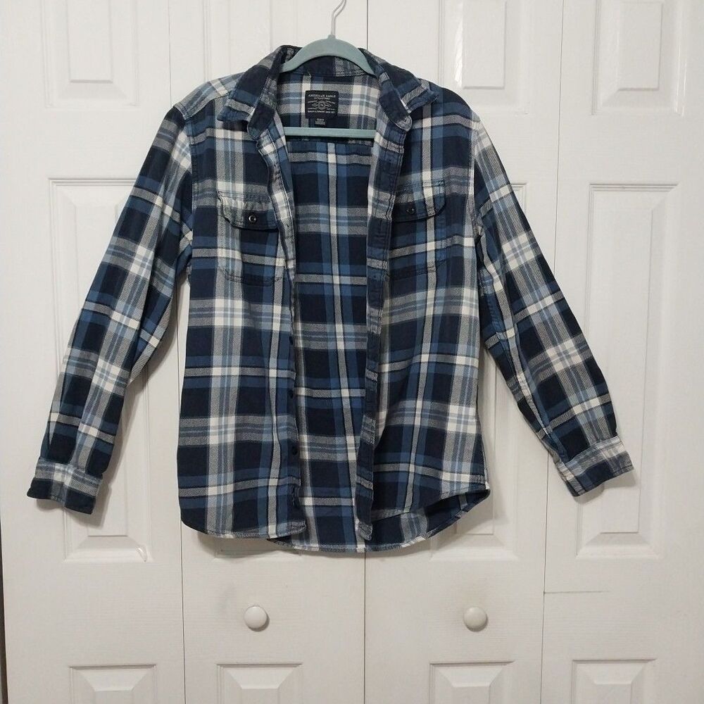 American Eagle Outfitters Men's Flannel Blue White Plaid Medium - Picture 2 of 7